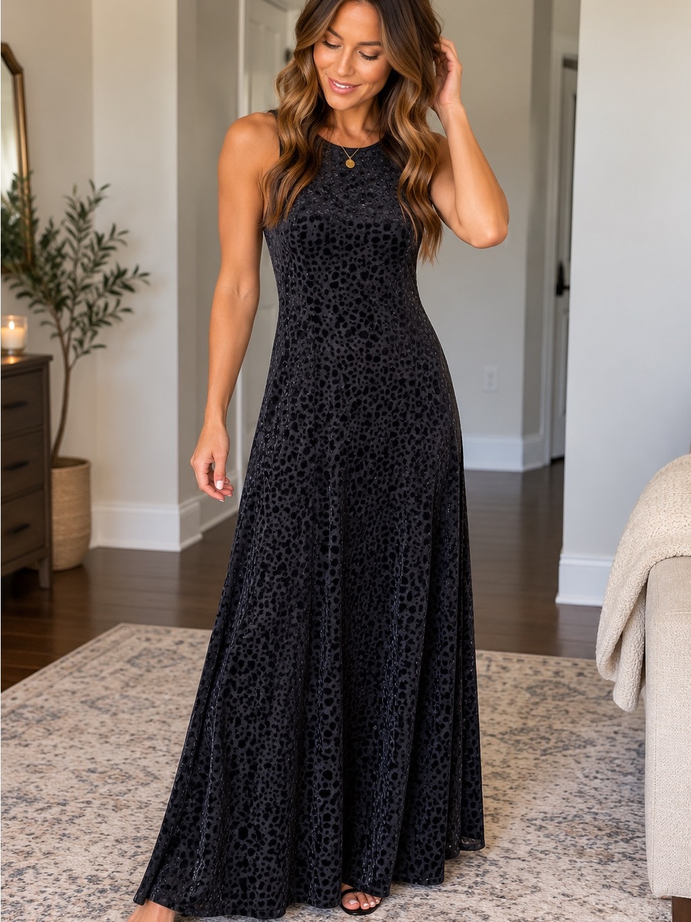 Vintage Evan Picone Black velour spotted Maxi Dress Sleeveless high chest A-Line
